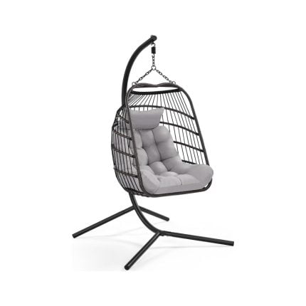 Rattan Egg Swing Chair with Cushion & Cover - Garden Patio Hanging Hammock, Indoor/Outdoor, Black & Grey