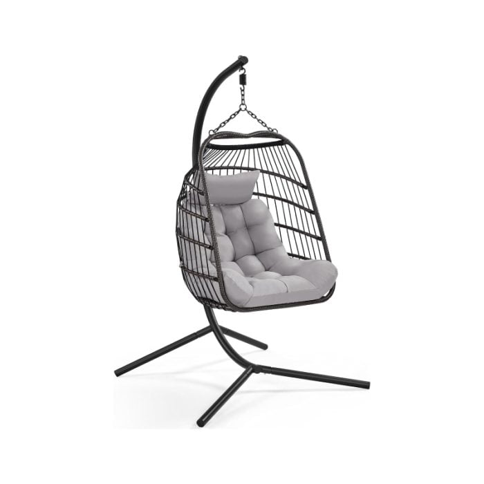 Rattan Egg Swing Chair with Cushion & Cover - Garden Patio Hanging Hammock, Indoor/Outdoor, Black & Grey